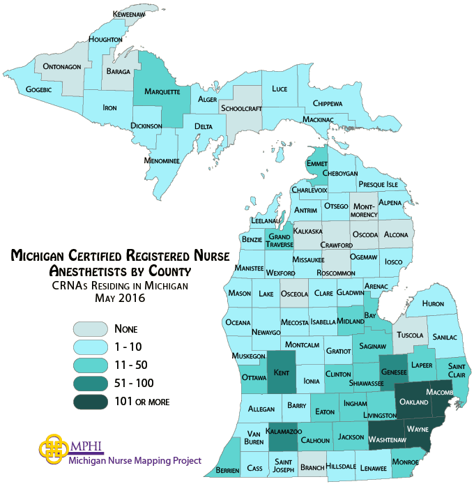 map depicts Michigan's certified registered nurse anesthetist population by county in 2016